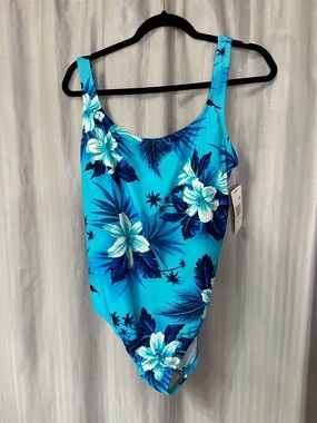 Speedo Bright Turquoise Blue Floral One-Piece Swimsuit size 18 New with Tags